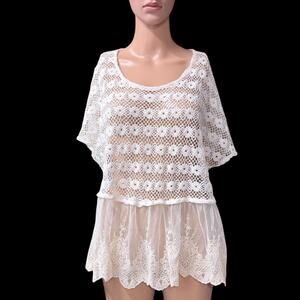 Maronie Lace Top Womens Sz M Sheer Overlay Tunic Fairy Boho Boxy Oversized
